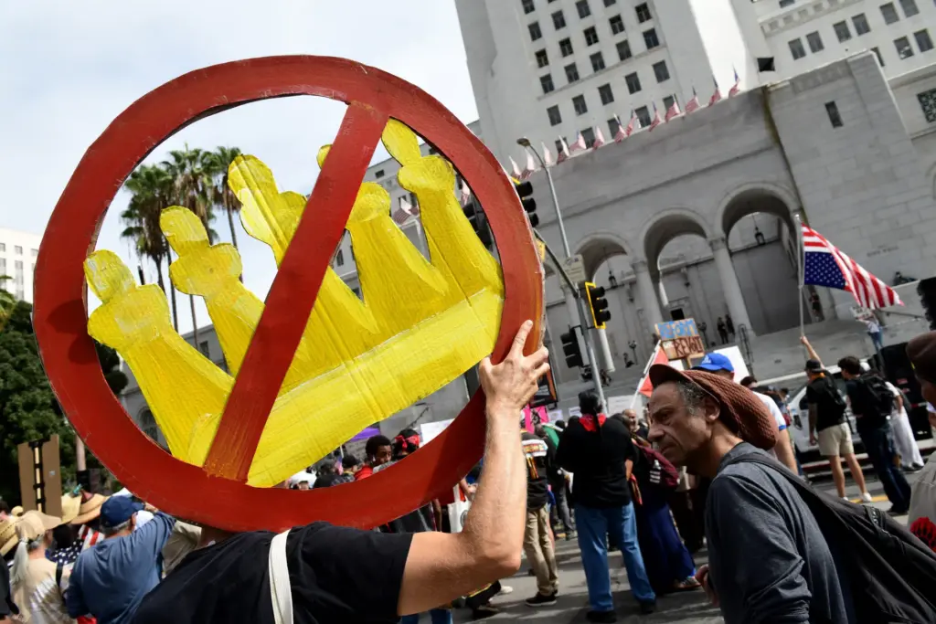 No Kings protesters rally and march in downtown Los Angeles...