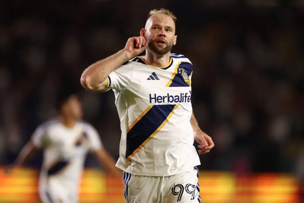 Los Angeles Galaxy forward JoÃ£o Klauss celebrates after scoring a...