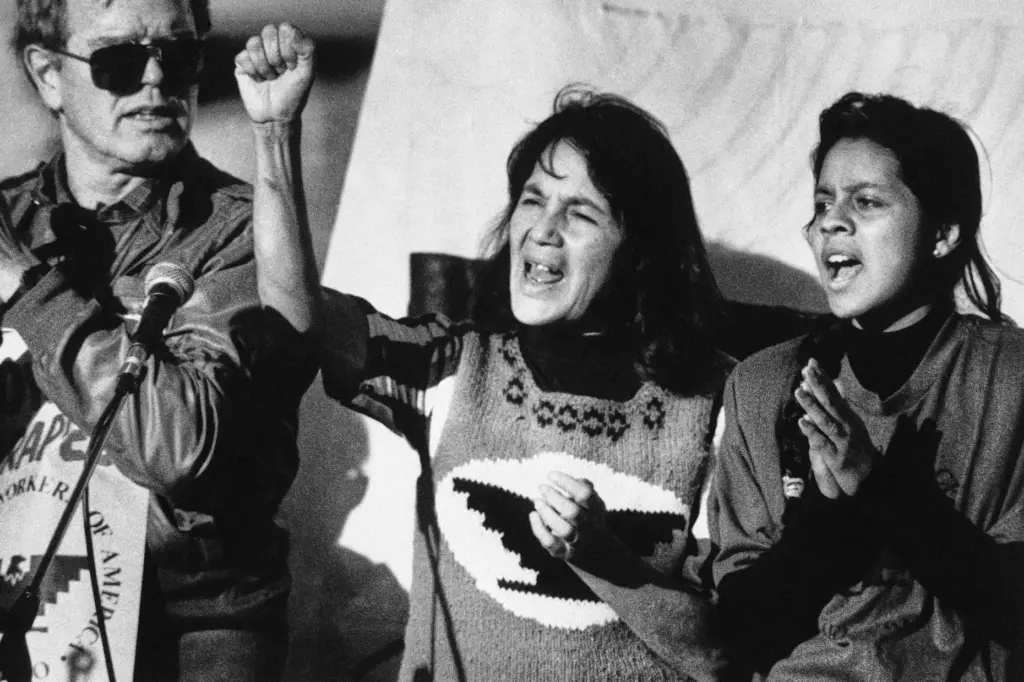 United Farm Workers leader Dolores Huerta leads a rally in San Francisco's Mission District.