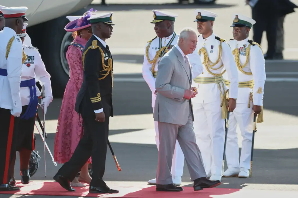 Britain’s King Charles III arrives at the Lynden Pindling Airport...