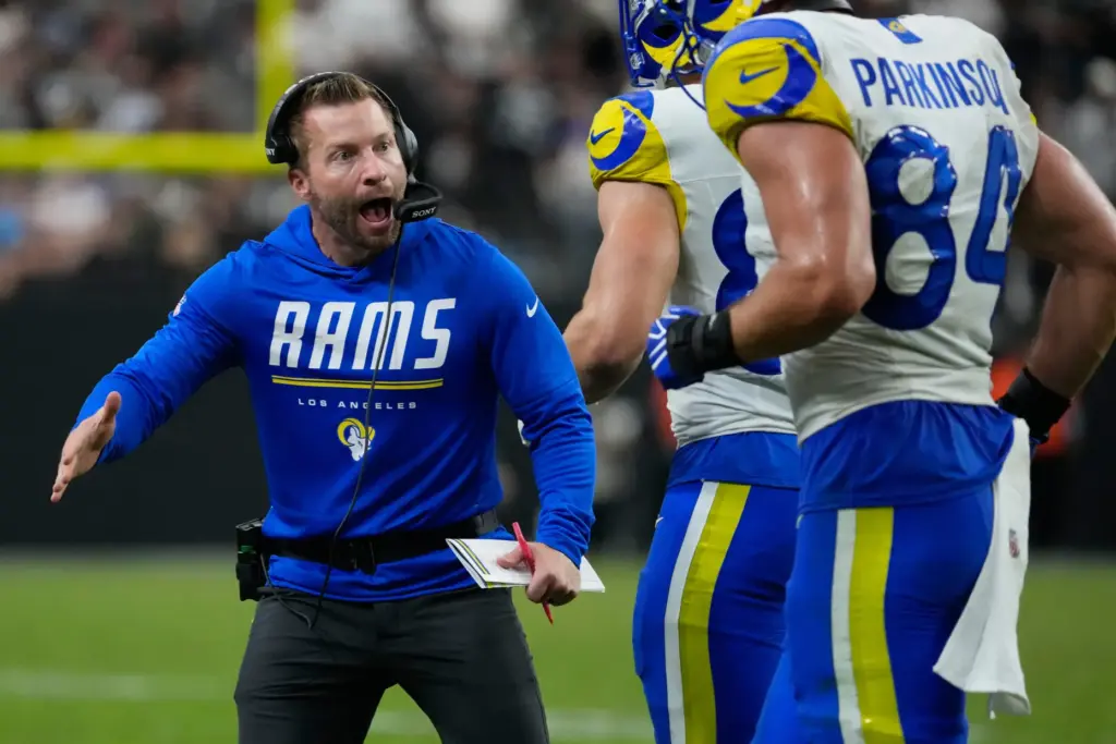 Rams head coach Sean McVay reacts after a play against...