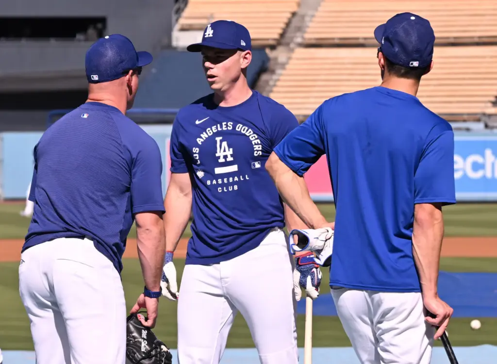 Dodgers catcher Will Smith chats with teammates during batting practice...