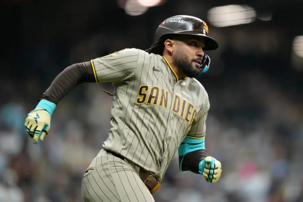 San Diego Padres’ Fernando Tatis Jr. hits a single during...