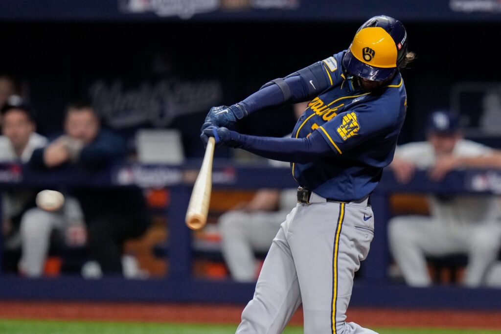 The Milwaukee Brewers’ Brice Turang connects for a double during...
