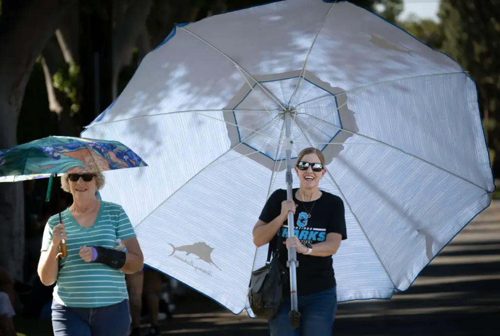 Jennifer Gunn, right, has the correct-size umbrella for a scorching...