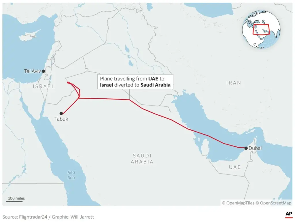 A map showing the route of a commercial plane diverted...