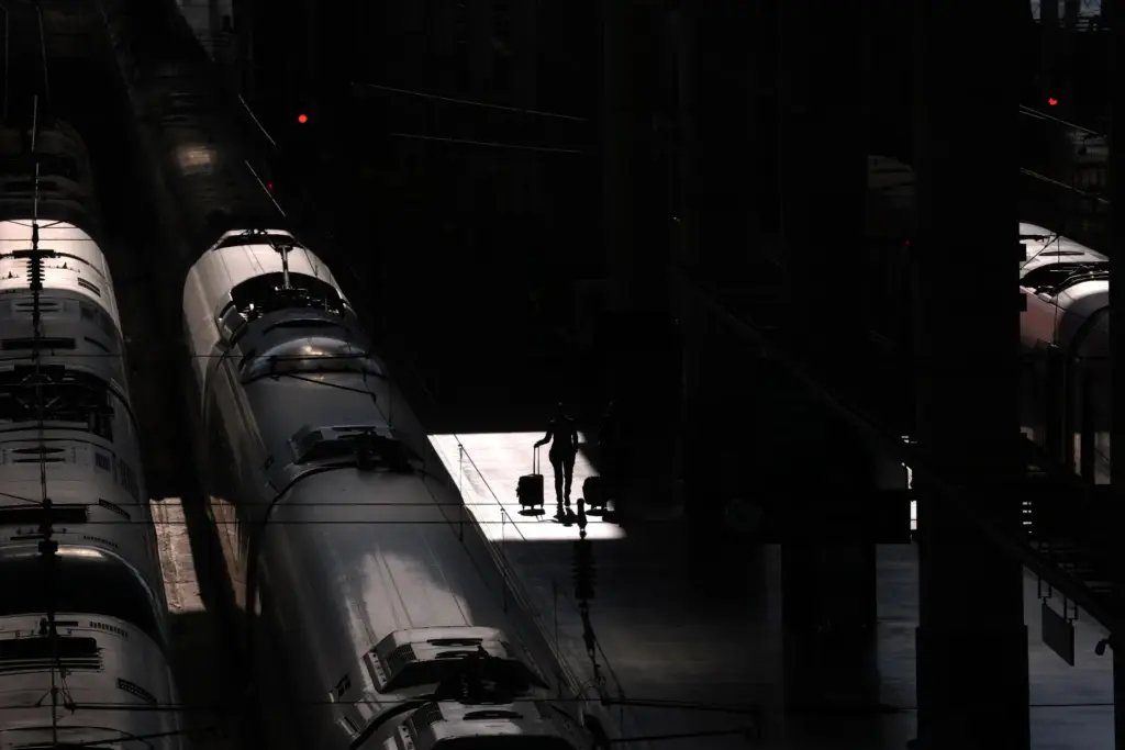 High-speed trains are photographed on their platforms at Madrid’s Atocha...