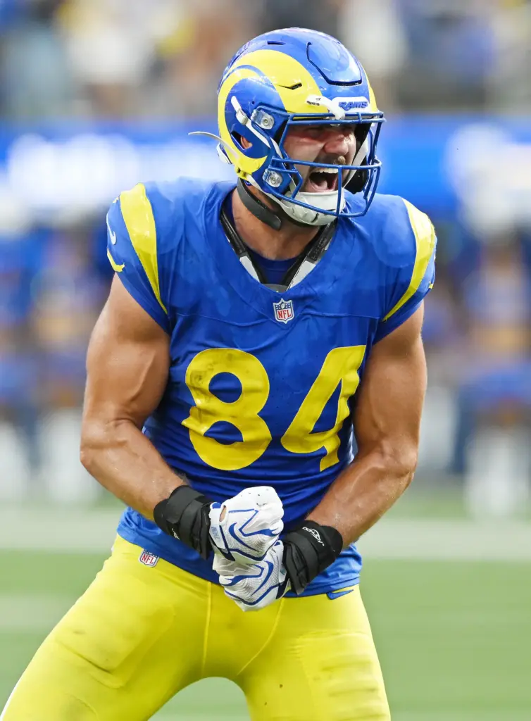 Rams tight end Colby Parkinson (84) celebrates after the call...