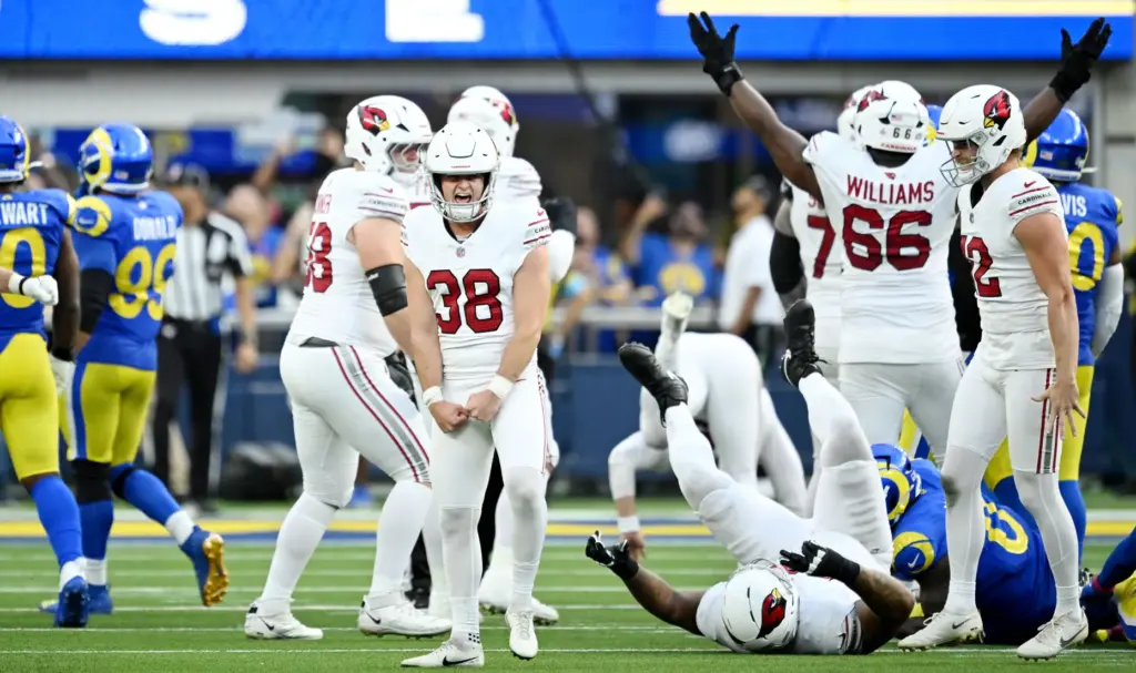 Arizona Cardinals place kicker Chad Ryland (38) celebrates after kicking...