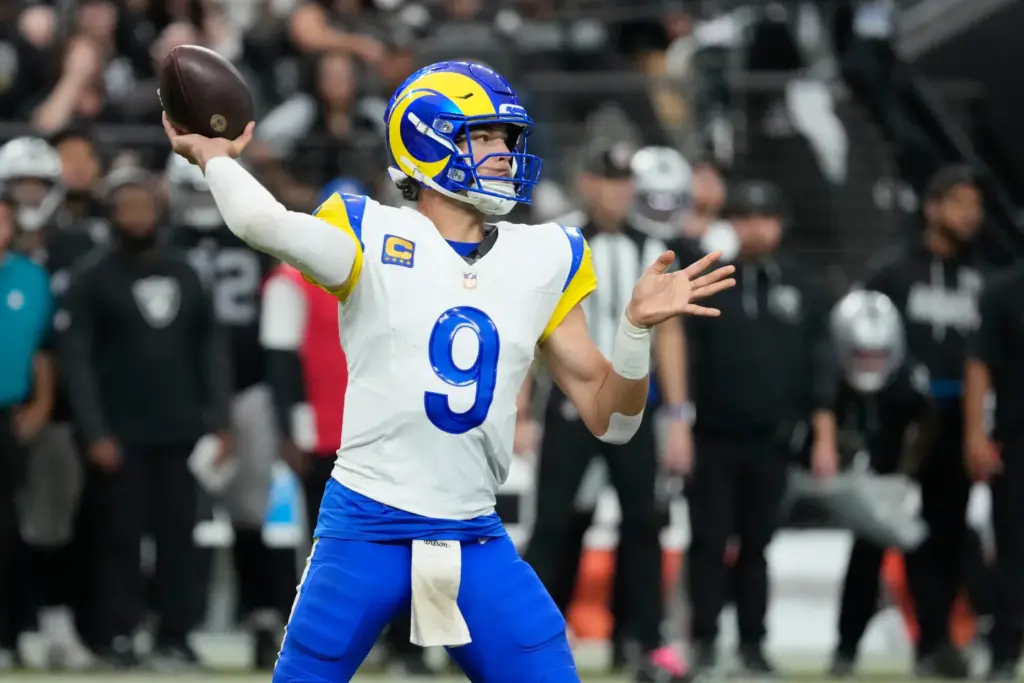 Rams quarterback Matthew Stafford attempts a pass against the Las...