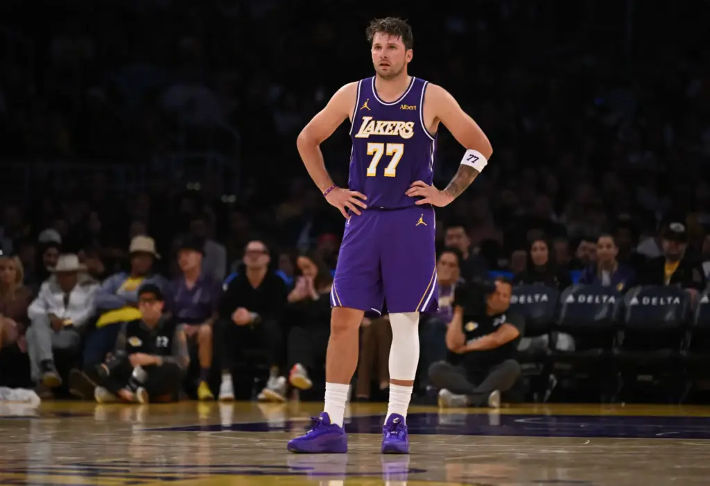 Lakers star Luka Doncic looks on during the second half...
