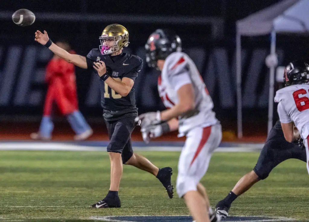 San Juan Hills quarterback Parker Armstrong (18) throws the ball...