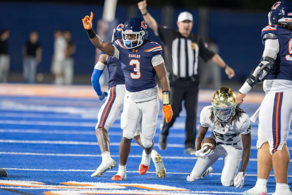 Chaminade High Schoolâs Elijah Washington (3) reacts after tackling Notre...