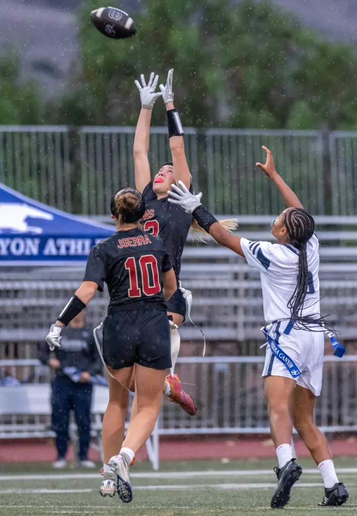 JSerra defensive back Stella Day (23) makes an interception during...