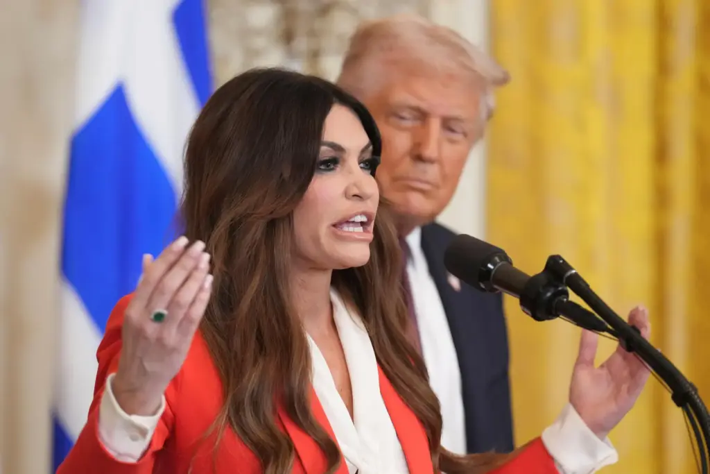 FILE – Kimberly Guilfoyle speaks as President Donald Trump listens...