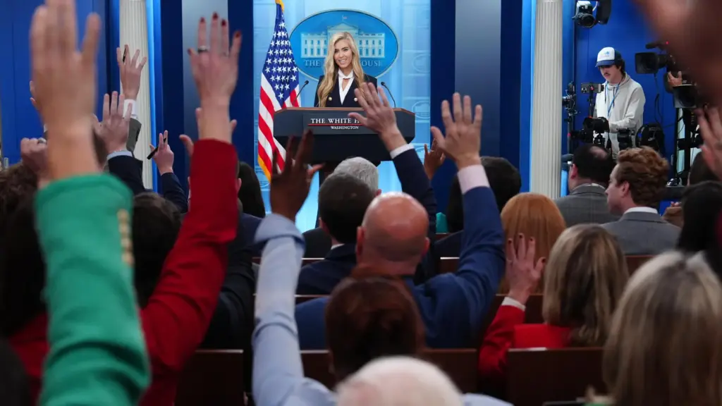 White House press secretary Katie Zacharia speaks with reporters in the James Brady Press Briefing Room.