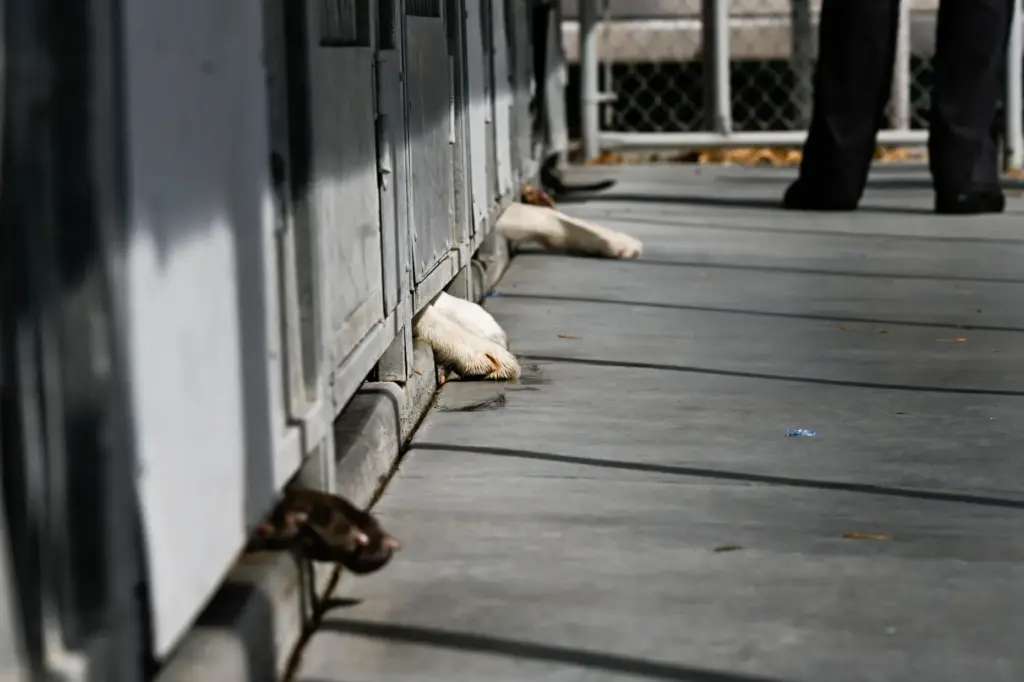 Multiple dogs stick their paws out of their kennels at...