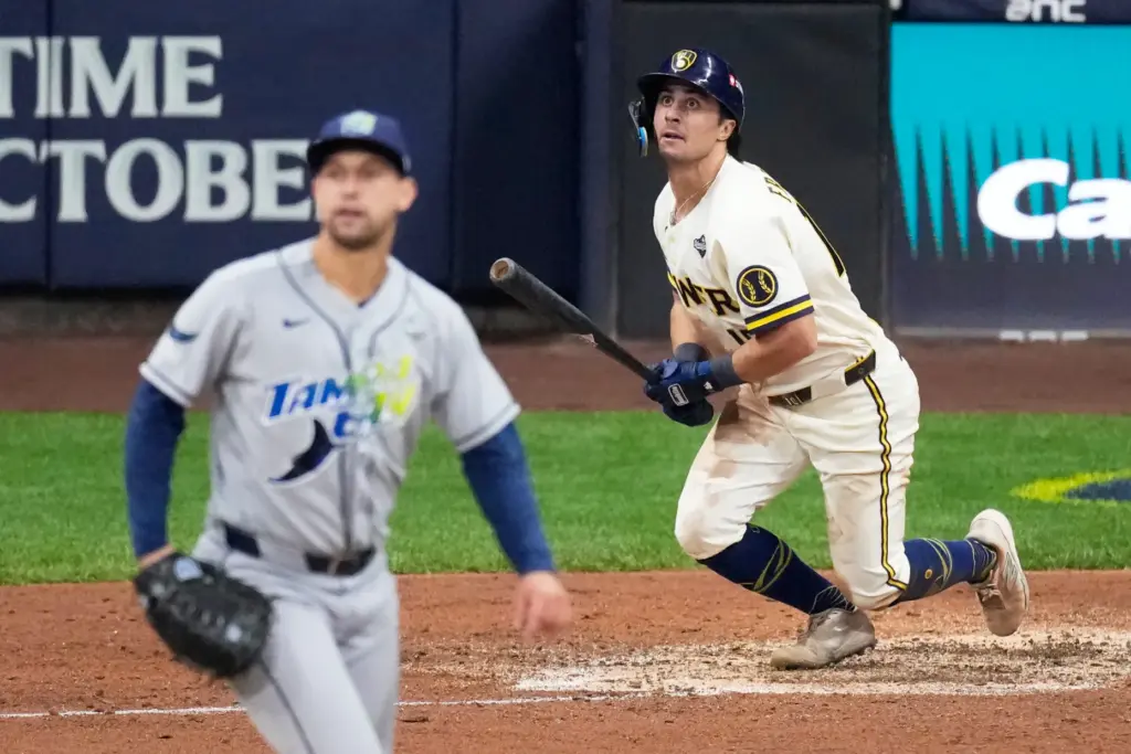 Milwaukee Brewers’ Sal Frelick watches his home run during the...