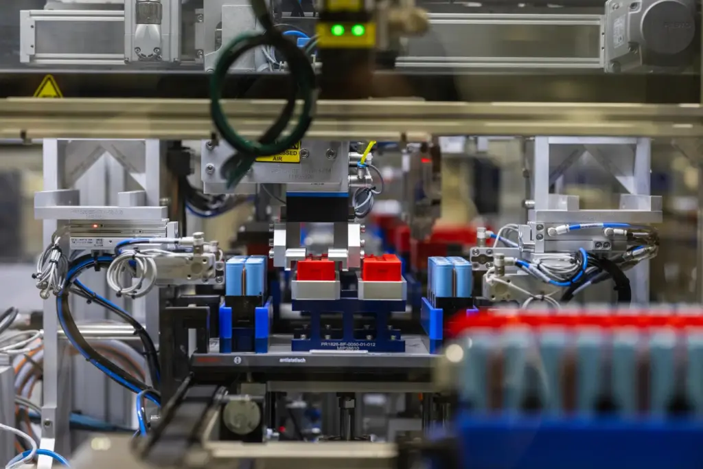 Battery packs move down an automation line at Viridi’s manufacturing...