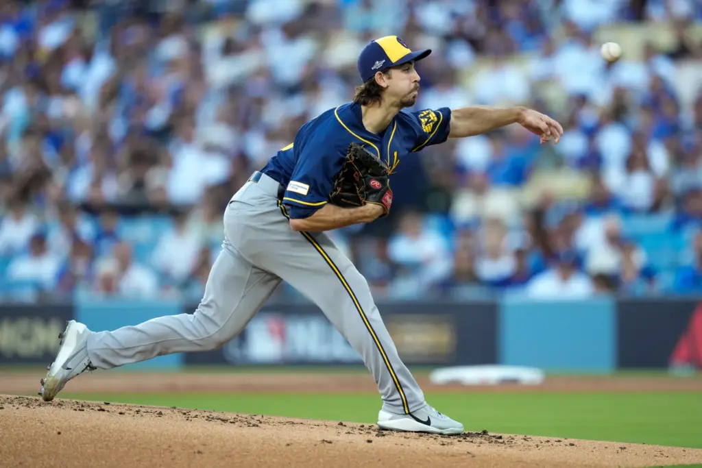 Milwaukee Brewers starting pitcher Robert Gasser throws to the plate...