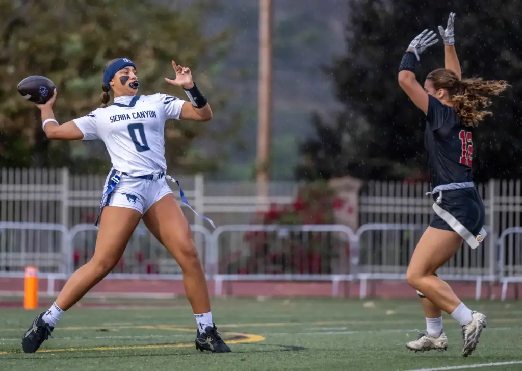Sierra Canyon quarterback Makena Cook (0) throws the ball during...