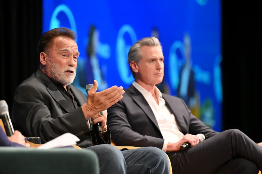Governor Gavin Newsom participates in a fireside chat with former...