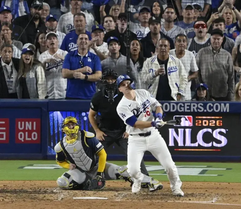 The Dodgers’ Will Smith hits a go-ahead two-run double during...