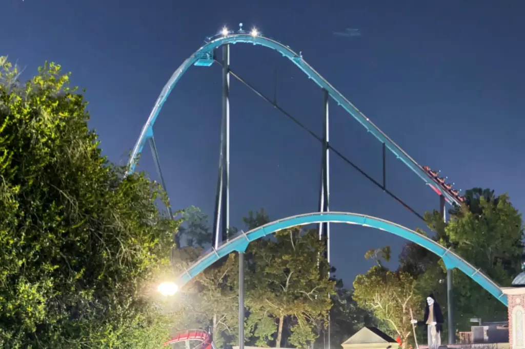 A roller coaster is shown at Six Flags over Georgia.