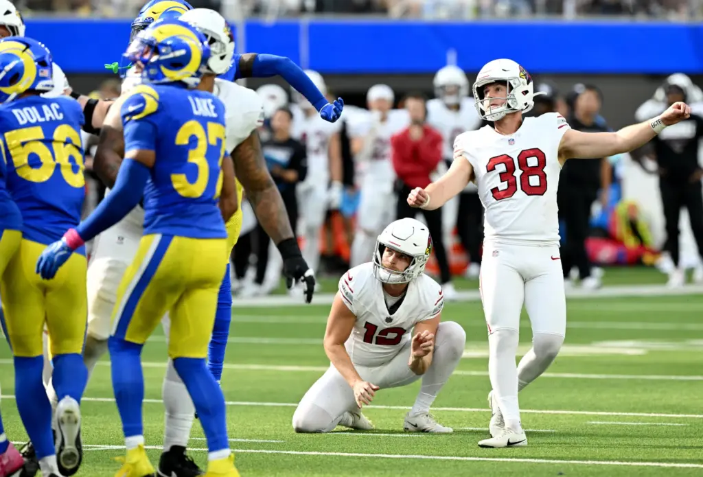 Arizona Cardinals place kicker Chad Ryland (38) kicks one of...