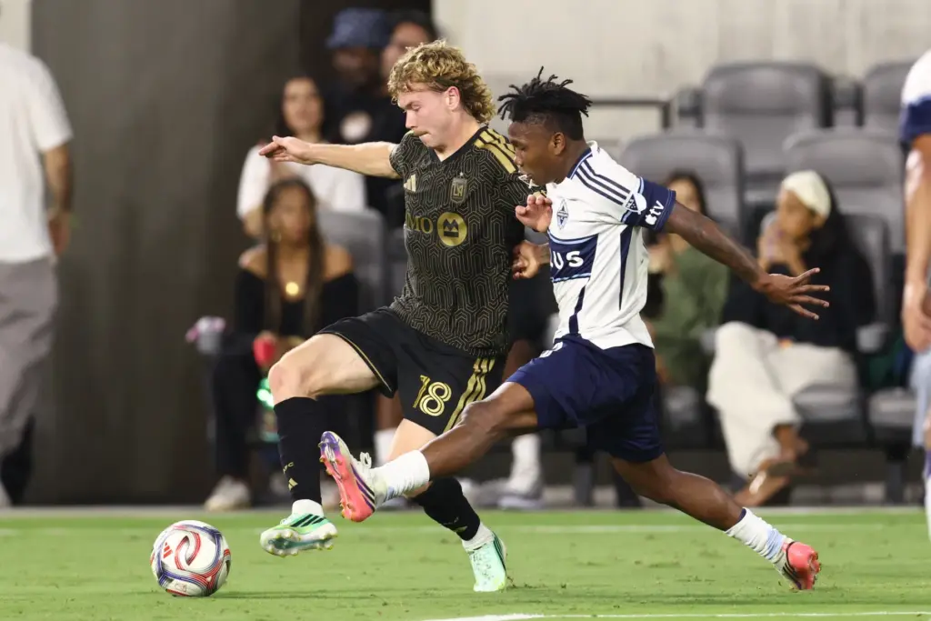 Los Angeles FC forward Jacob Shaffelburg, left, vies for the...
