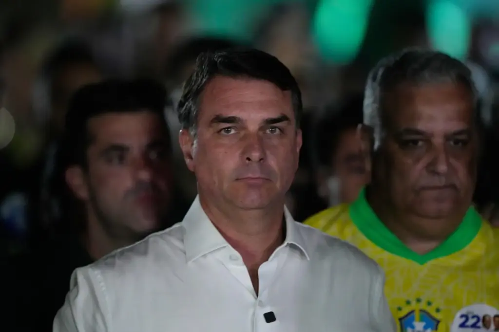 Opposition presidential candidate Sen. Flavio Bolsonaro arrives at his election night event.