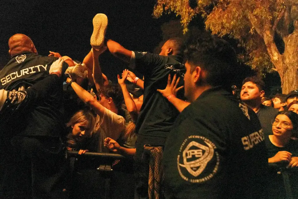 Security guards push a spectator back into the crowd after...