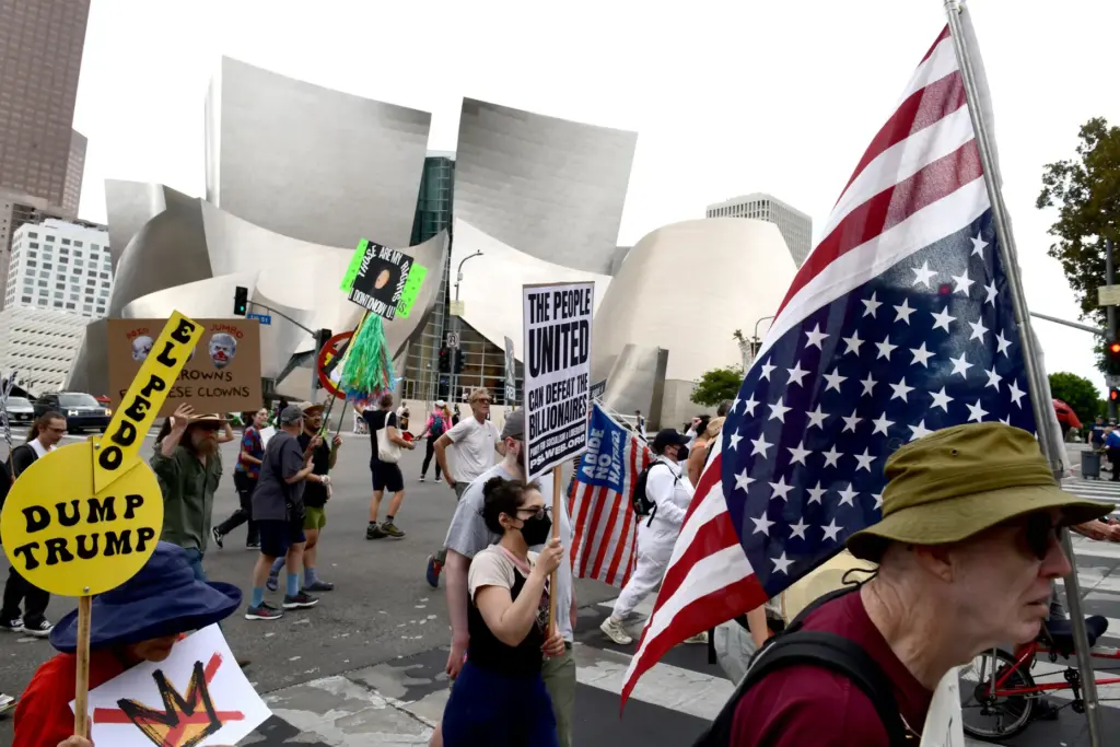 No Kings protesters rally and march in downtown Los Angeles...
