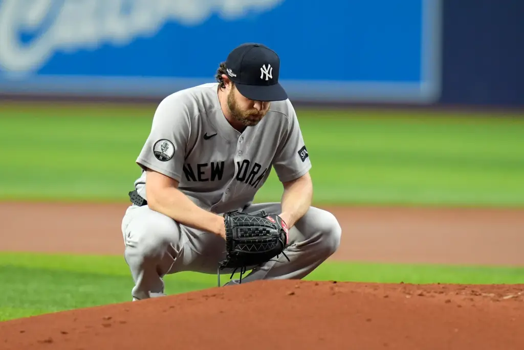 New York Yankees starter Gerrit Cole prepares to pitch against...