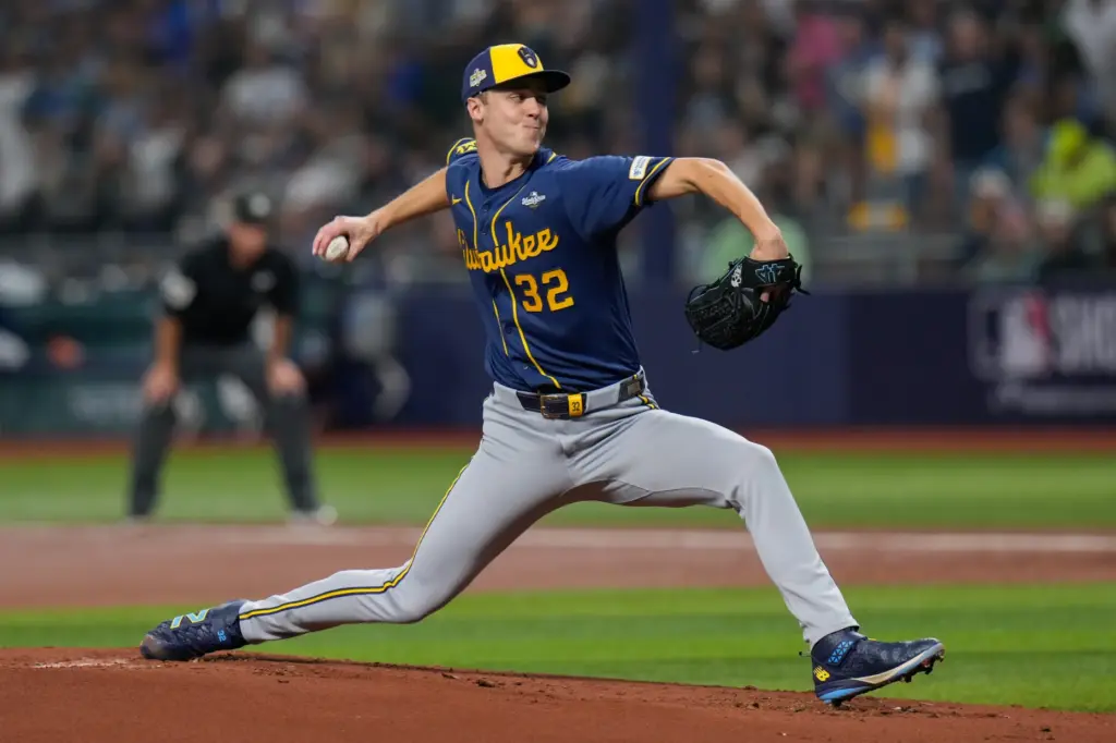 Milwaukee Brewers starting pitcher Jacob Misiorowski throws to the plate...