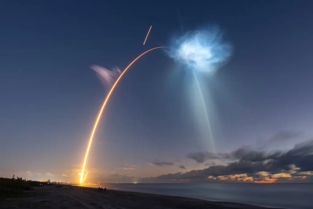 In this 480-second long exposure photograph, a SpaceX Falcon 9...