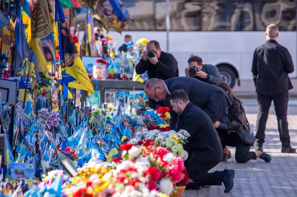 Ukraine’s President Volodymyr Zelenskyy and German Chancellor Friedrich Merz attend...