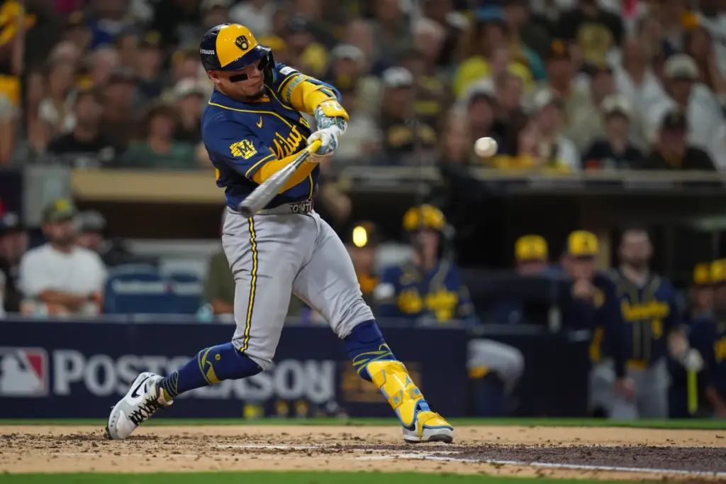 The Milwaukee Brewers’ William Contreras hits a solo home run...