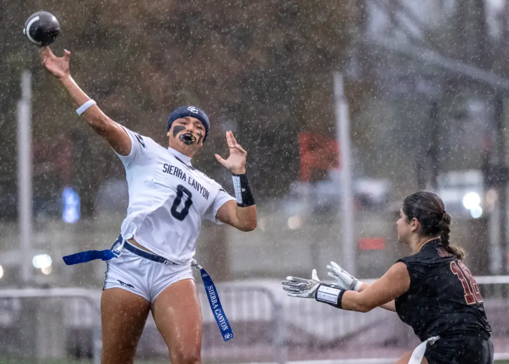 Sierra Canyon quarterback Makena Cook (0) throws the ball during...