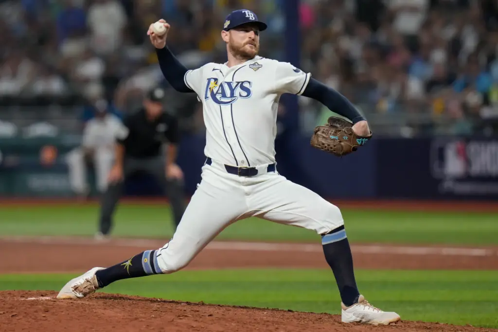 Tampa Bay Rays pitcher Bryan Baker throws during the eighth...