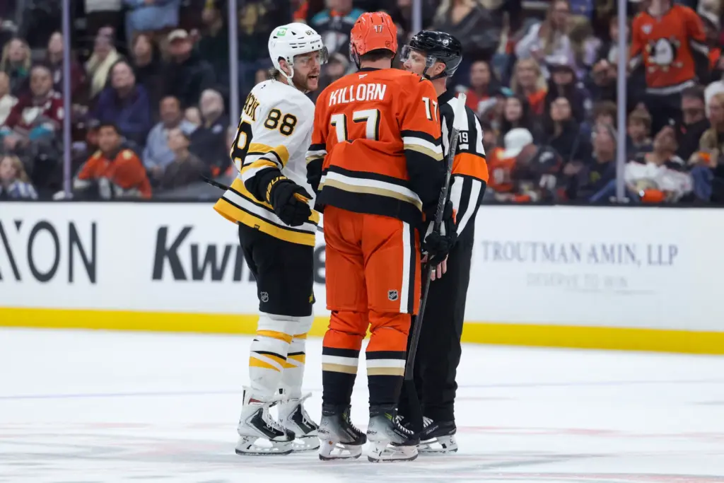 Boston Bruins right wing David Pastrnak, left, and Ducks left...