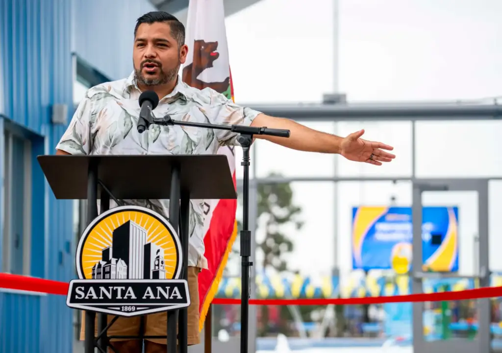 Santa Ana Mayor Pro Tim David Penaloza speaks during the...