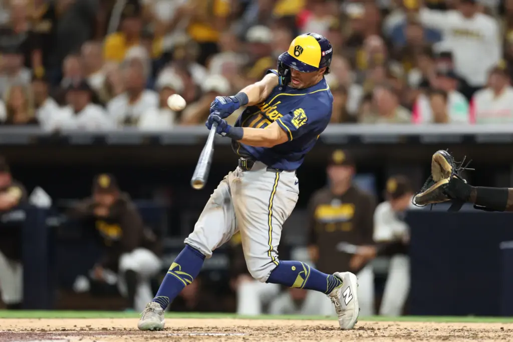 The Milwaukee Brewers’ Sal Frelick hits a sacrifice fly against...
