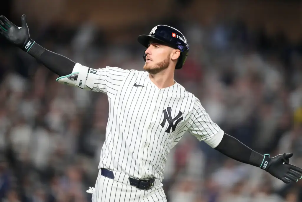 The New York Yankees’ Cody Bellinger celebrates while running the...