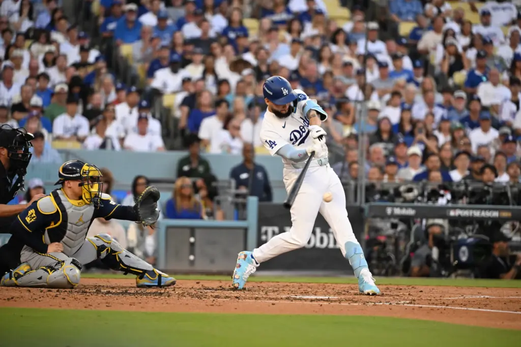 The Dodgers’ Andy Pages hits an RBI single during the...