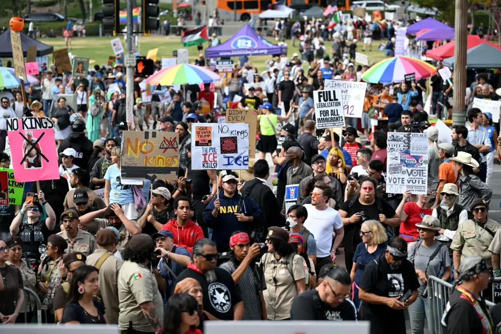 No Kings protesters rally and march in downtown Los Angeles...