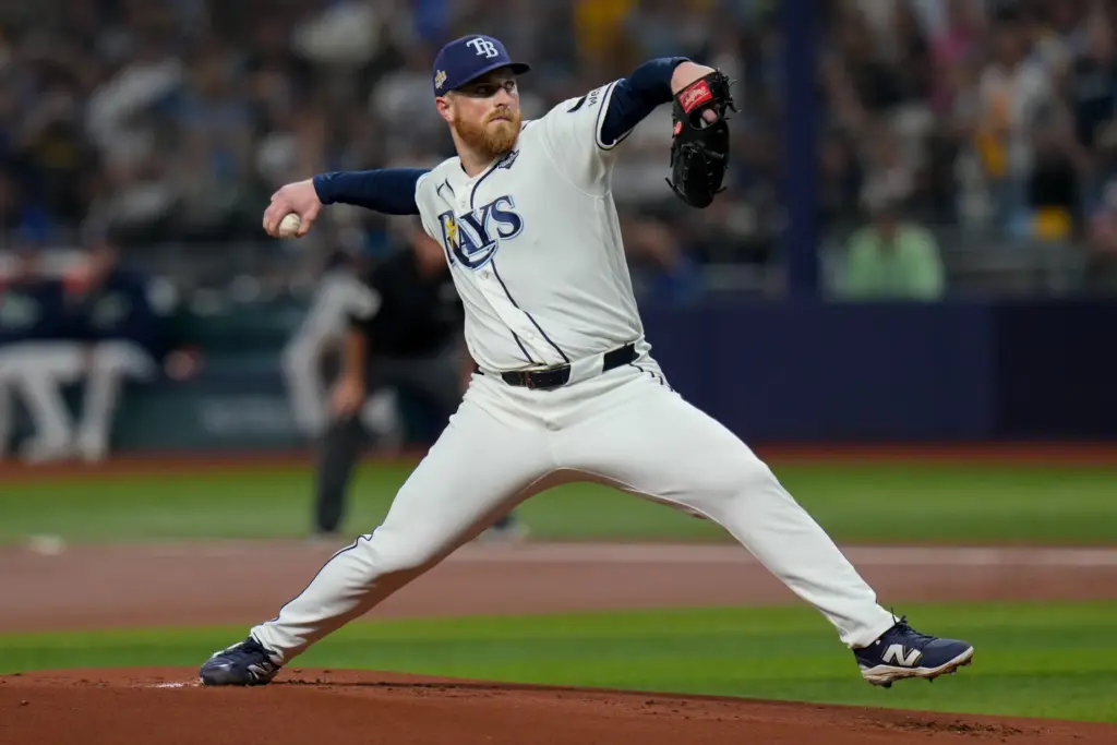 Tampa Bay Rays starting pitcher Drew Rasmussen throws to the...