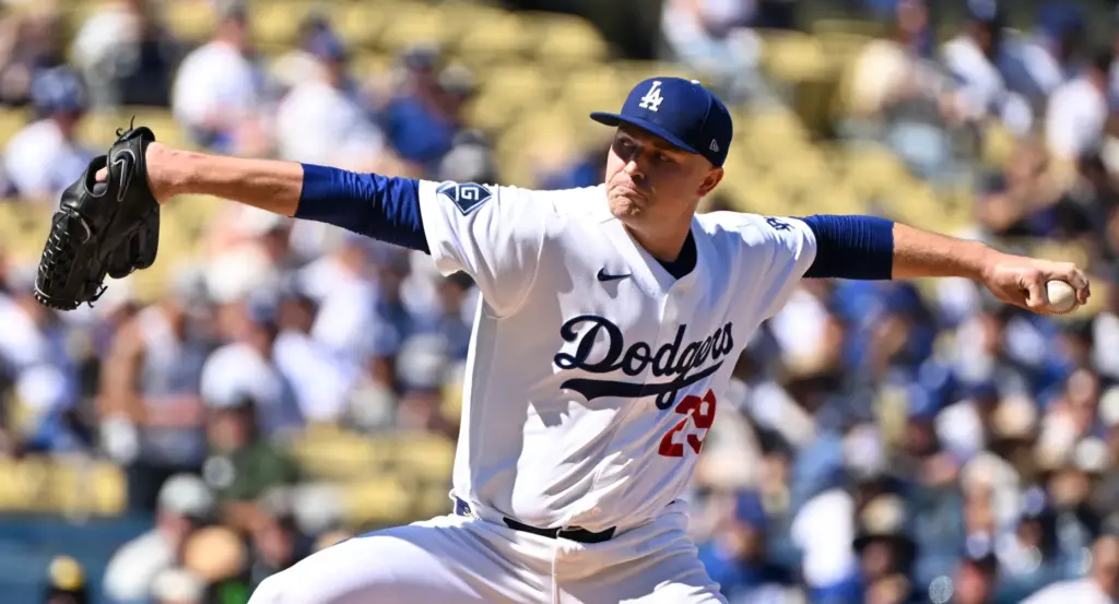 Dodgers starting pitcher Tarik Skubal throws to the plate during...