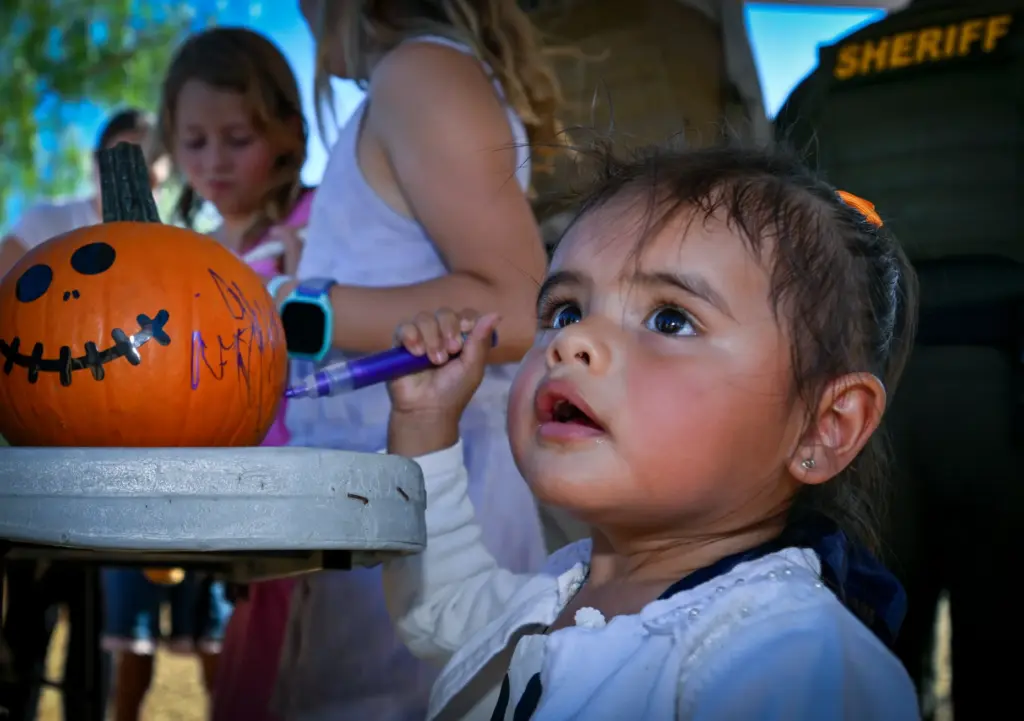 Nova Pena, 2, of Mission Viejo stands by her pumpkin...