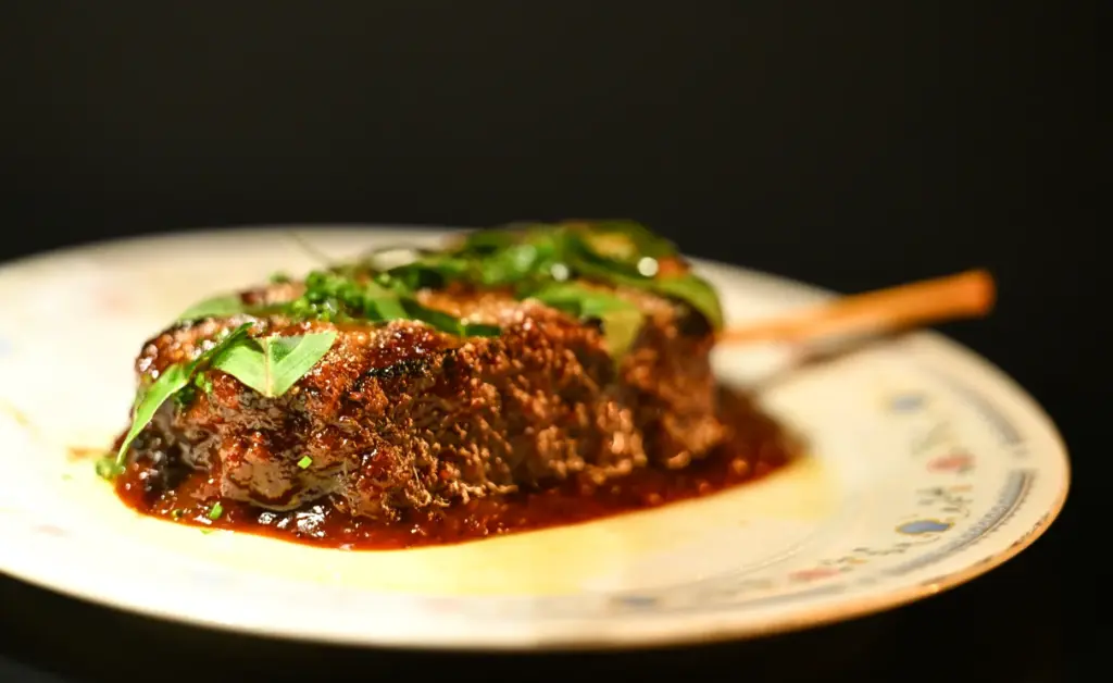 Pork Belly; mustard, black vinegar, Thai basil, chives and rice...